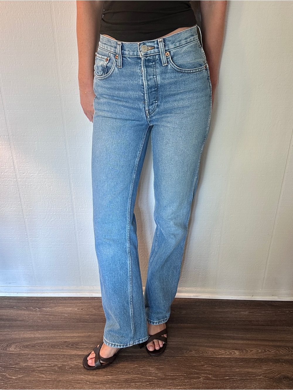 Re/Done Re/Done High Rise Wide Straight Leg Jeans Blue Wash